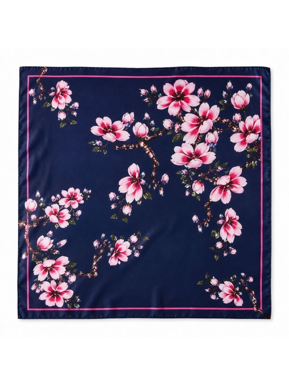 Navy Floral Magnolia Satin Scarf 35x35 Square Head Neck Scarf Women